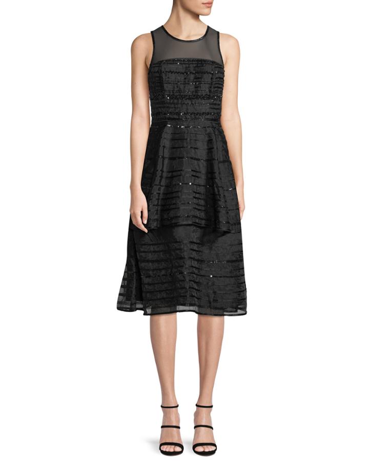 Avril Sleeveless Sequin-stripe Tiered Midi Cocktail Dress