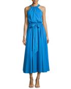 Lizzy Sleeveless Self-tie Poplin Midi Dress, Blue