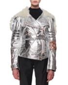 Metallic Leather & Shearling Moto Jacket,