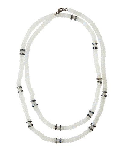 Long Rainbow Moonstone & Diamond Beaded Necklace
