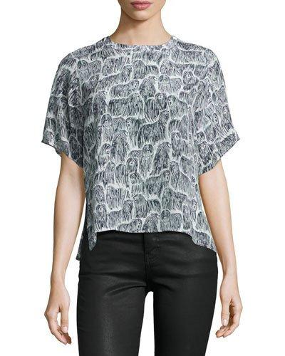 Kom Short-sleeve Dog-print Silk Top, Black Pattern
