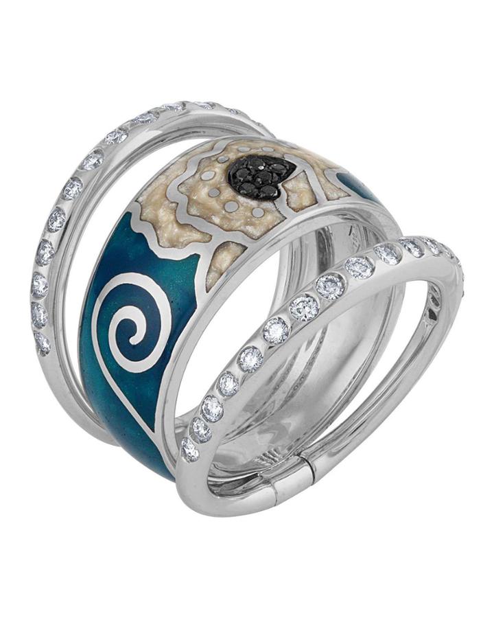 18k White Gold 3-part Enamel Ring W/ Diamonds, Gray/blue,