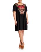 Plus Size Burke Floral Embroidered Short-sleeve Tunic Dress