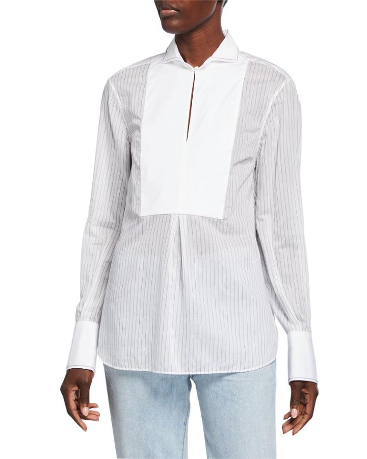 Pinstripe Monili Trim Long Sleeve Silk-blend