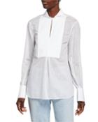 Pinstripe Monili Trim Long Sleeve Silk-blend