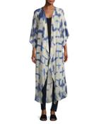 Henna Blues Split-back Long Silk Kimono, Blue/white