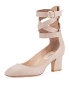 Plum Leather Back-zip Ankle-wrap Pump