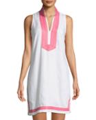 Sleeveless High-neck Two-tone Linen Tunic Dress, White/pink