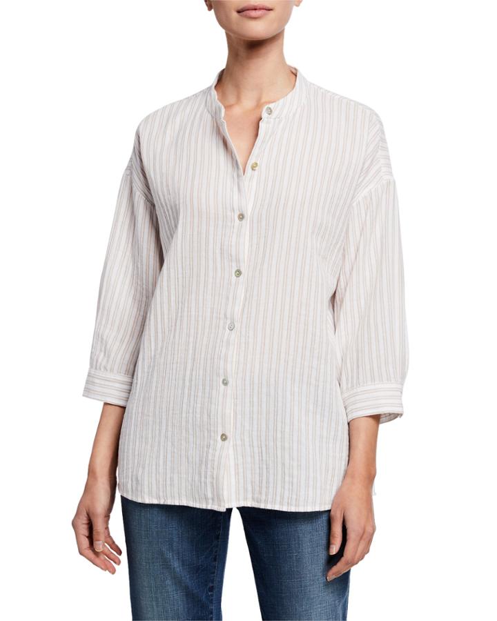 Striped Button-front 3/4-sleeve Cotton Gauze