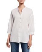 Striped Button-front 3/4-sleeve Cotton Gauze