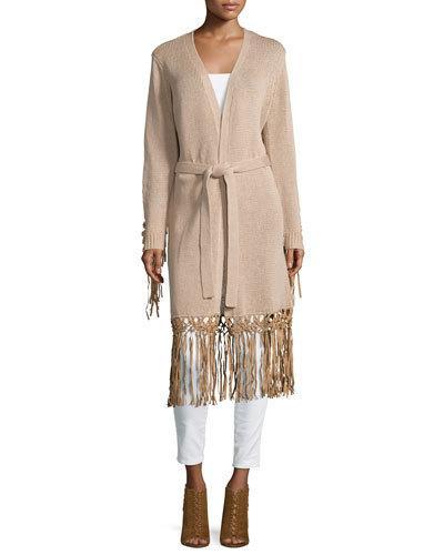 Haute Hippie Long Belted Cardigan, Nude