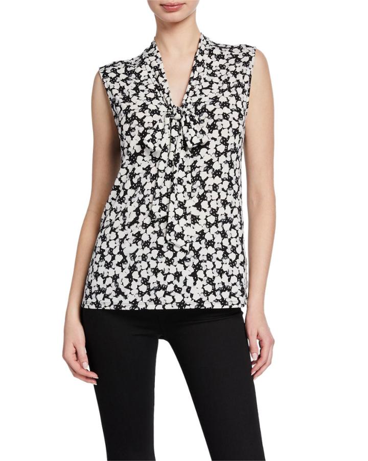 Printed Sleeveless Knit Top With Tie-neck