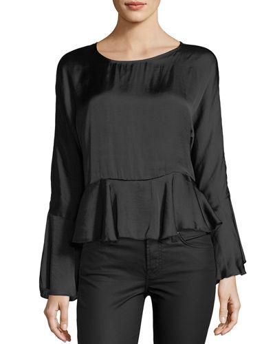 Satin Bell-sleeve Self-tie Peplum Top