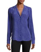 Adalyn Printed Long-sleeve Silk Blouse, Indigo/white