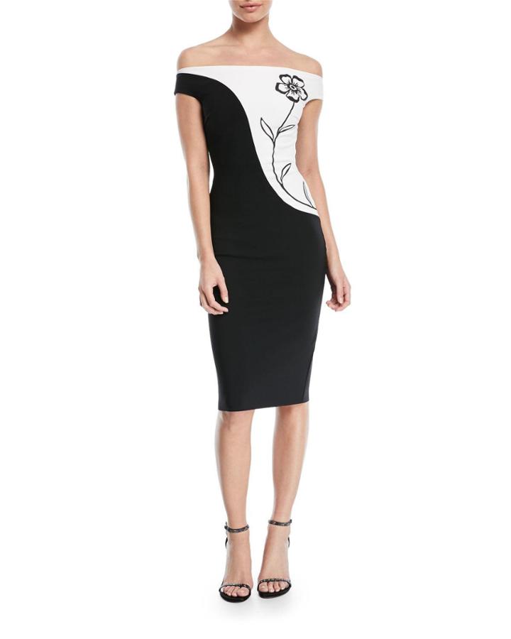 Shalia Floral Off-the-shoulder Two-tone Cocktail Dress