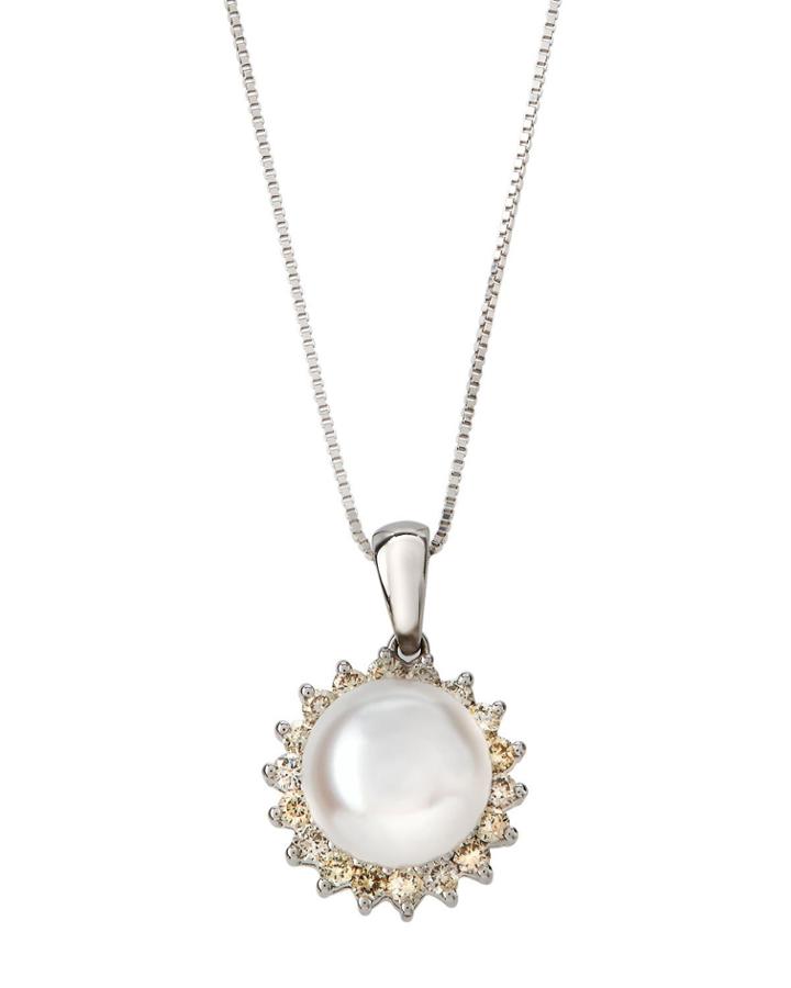 14k White Gold Diamond Petal & Pearl Pendant Necklace