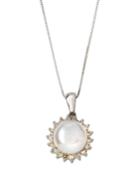 14k White Gold Diamond Petal & Pearl Pendant Necklace