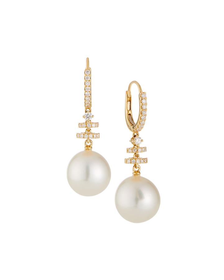18k Yellow Gold Diamond South Sea Pearl Earrings, White