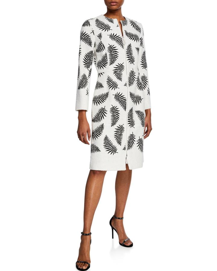 Leaf Print Tweed Hidden Zip Coat