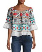 Off-the-shoulder Embroidered Blouse, Ivory