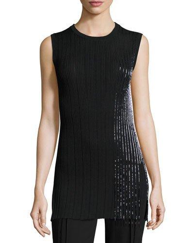 Sleeveless Ribbed Fringe-trim Top, Black