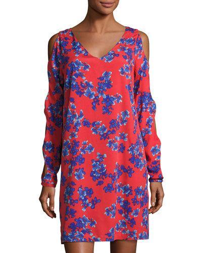 Cutout-sleeve V-neck Dress, Red Pattern
