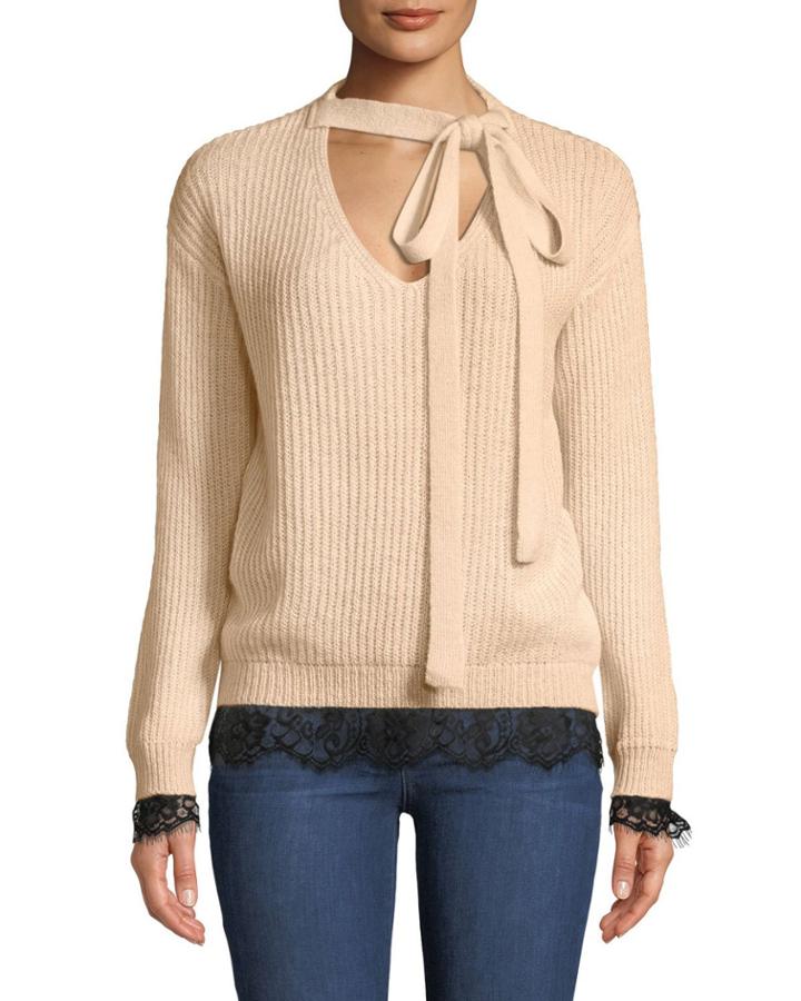 Lace-trimmed Tie-neck Pullover