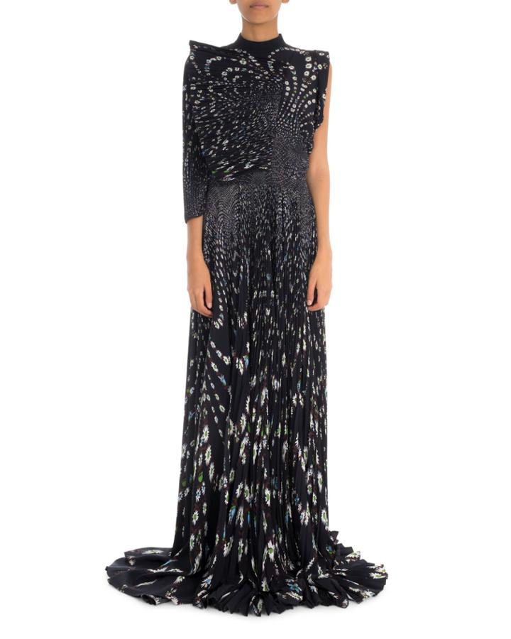 One-shoulder Micro Floral Pleated Gown