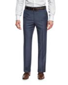 Sharkskin Wool Flat-front Trousers, Blue