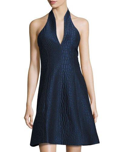 Halter-neck Embossed-alligator Print Dress, Blue
