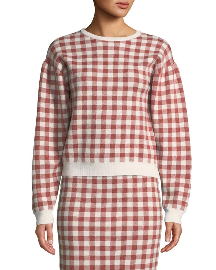 Crewneck Mutton-sleeve Gingham Knit Top