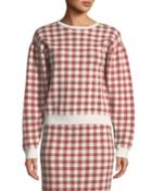Crewneck Mutton-sleeve Gingham Knit Top