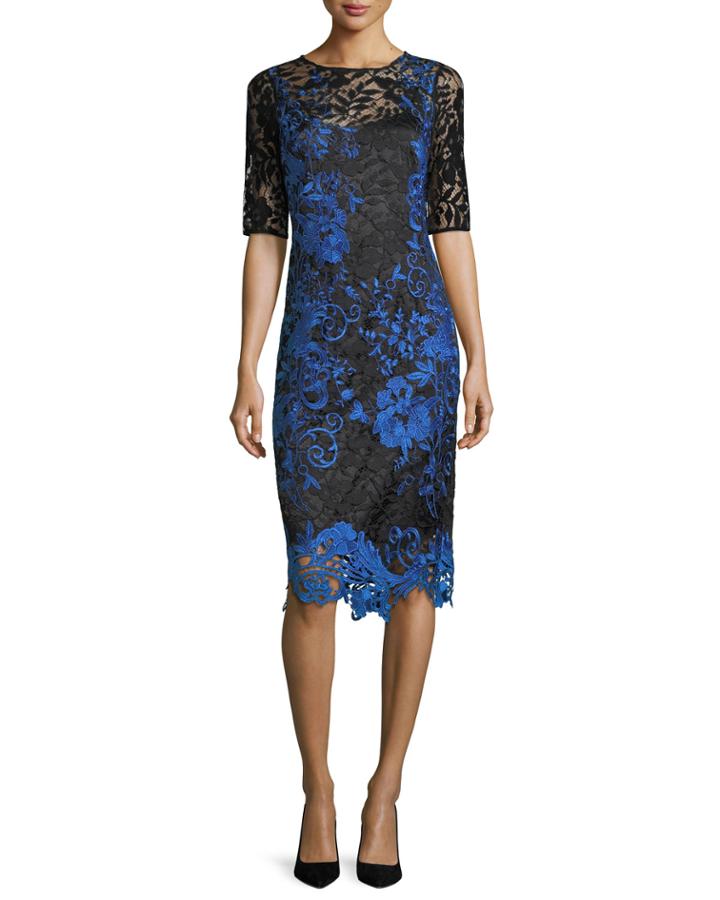 Half-sleeve Two-tone Lace Overlay Cocktail Dress