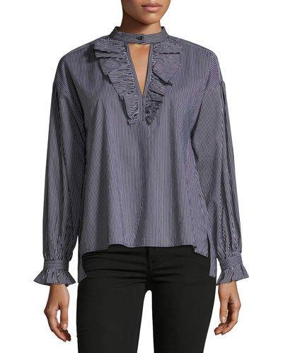 Pinstripe Long-sleeve Ruffle Keyhole-neck Blouse