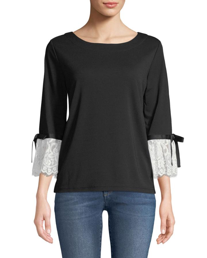 3/4-sleeve Lace-cuff Knit Top