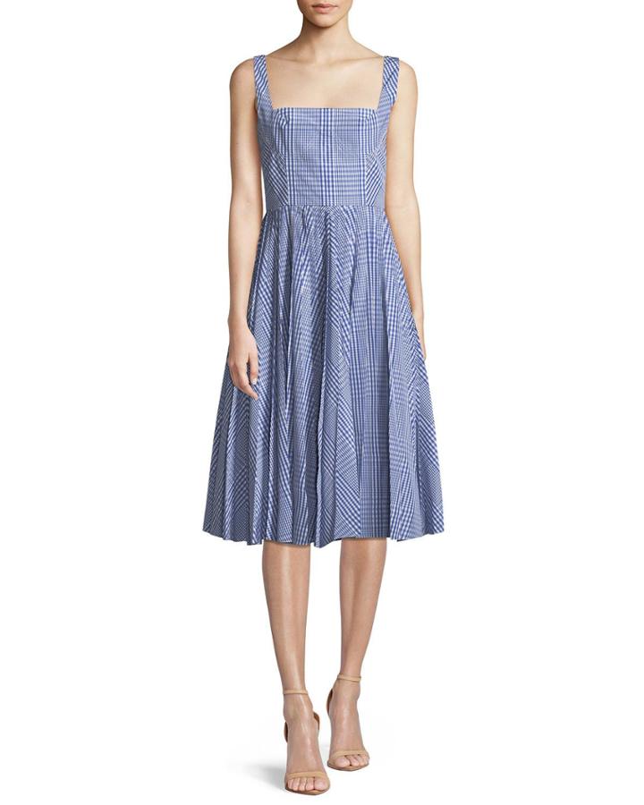 Square-neck Sleeveless Plaid Fit-and-flare Dress