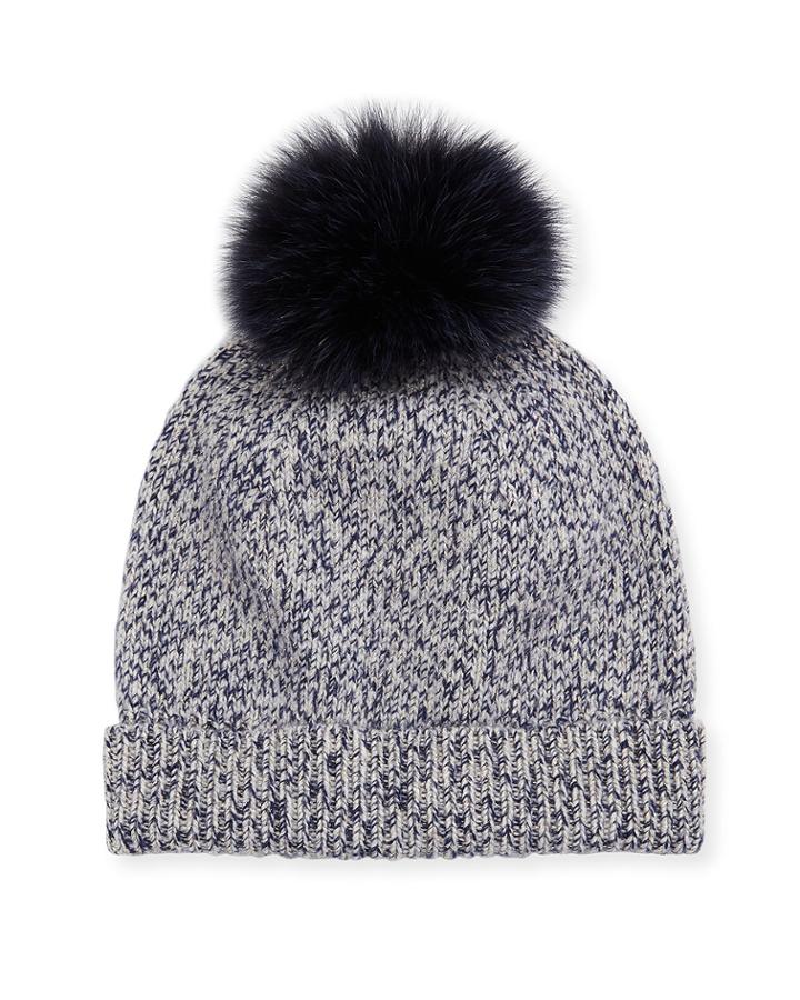 Marbled-knit Beanie Hat W/ Fur Pompom