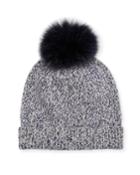Marbled-knit Beanie Hat W/ Fur Pompom