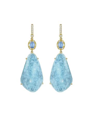 Oval Moonstone & Organic Aquamarine Earrings With Prong Diamonds