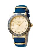 Women's 38mm Stainless Steel Watch With Leather Strap, Golden/blue