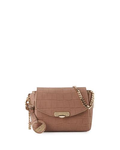 Crocodile-embossed Leather Crossbody Bag, Taupe