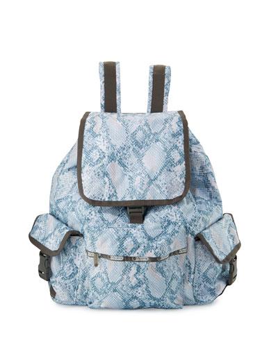 Voyager Snake-print Flap-top Backpack, Aqua