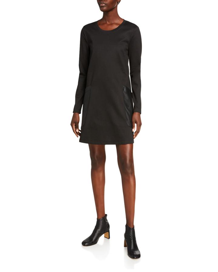 Knit Long-sleeve Faux-leather-pocket Dress