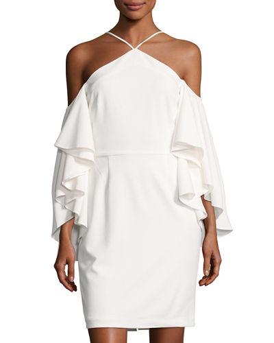 Flutter-sleeve Halter-neck Crepe Dress