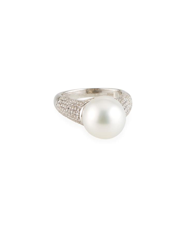 14k White Gold Diamond-set Pearl Ring