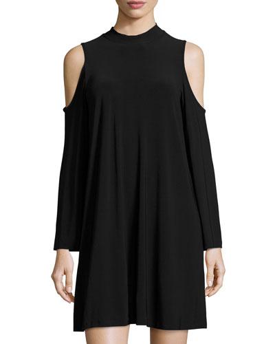 Solid Jersey Cold-shoulder Trapeze Dress, Black