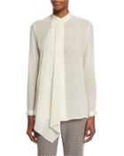 Long-sleeve Cascade-front Blouse, Ivory