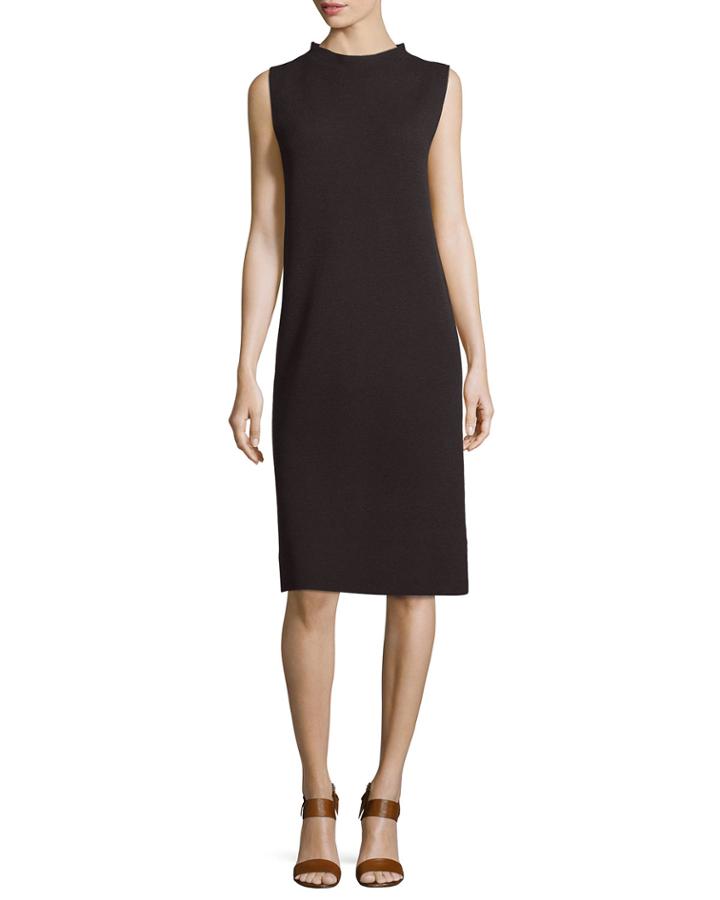 Sleeveless Funnel-neck Wool Sheath Dress,