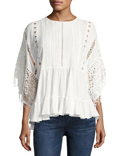 Lace-inset Poncho Top, Off White