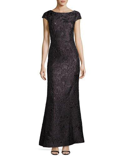 Cap-sleeve Jacquard Gown, Gray/black